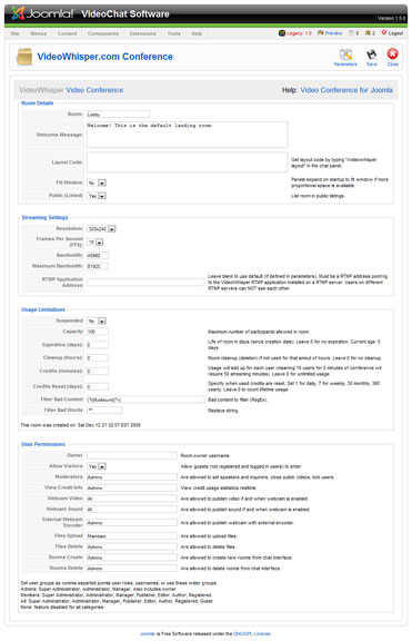 Video Conference Room settings including layout, custom bad word filters, usage limiations, user permissions.